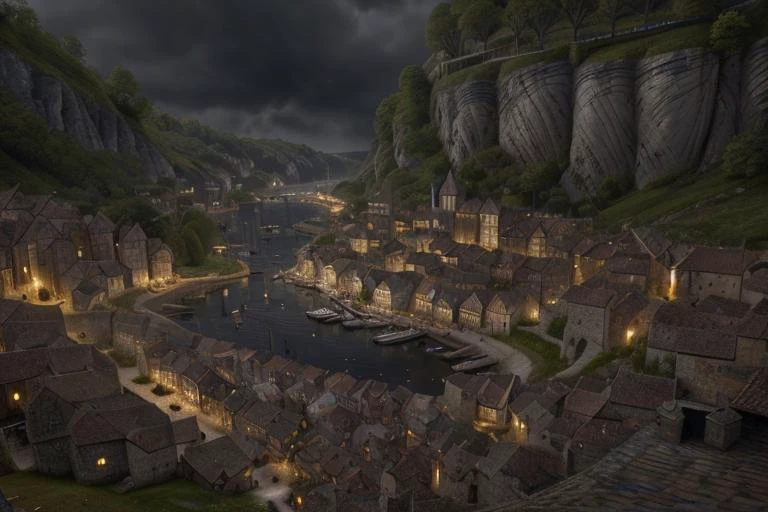 ultra hd, 4k, volumetric lighting, epic composition, photorealism, complex and detailed medieval european village, a rather dark sky with the moon rising over a harbor village along the ocean, camera looking across the water at the village, <lora:xsarchitectural_13nightmagictown:0.6>
