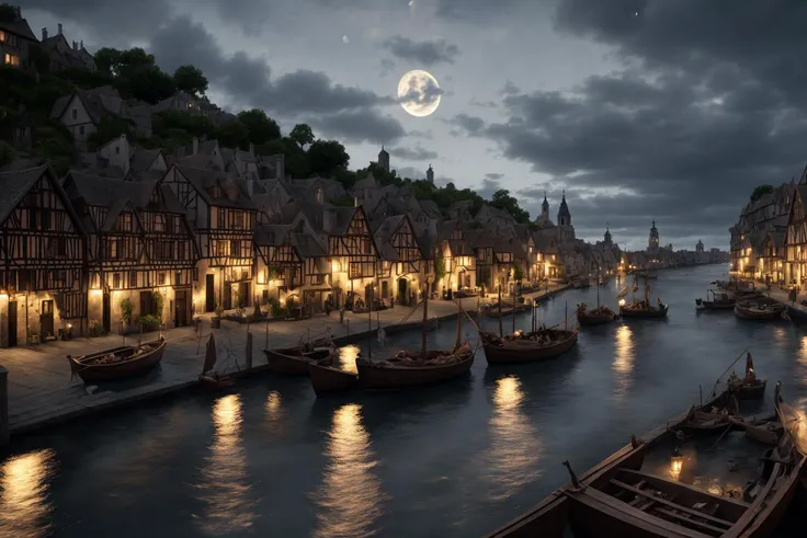 ultra hd, 4k, volumetric lighting, epic composition, photorealism, complex and detailed medieval european village, a rather dark sky with the moon rising over a harbor village along the ocean, camera looking across the water at the village, <lora:xsarchitectural_13nightmagictown:0.3>
