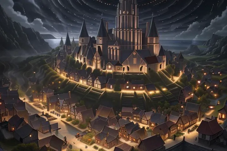 ultra hd, 4k, volumetric lighting, epic composition, photorealism, complex and detailed medieval european village,  a rather dark sky with the moon rising over a harbor village along the ocean, camera looking across the water at the village, <lora:xsarchitectural_13nightmagictown:0.8>