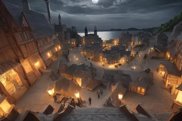 ultra hd, 4k, volumetric lighting, epic composition, photorealism, complex and detailed medieval european village, a rather dark sky with the moon rising over a harbor village along the ocean, camera looking across the water at the village, <lora:xsarchitectural_13nightmagictown:0.3>