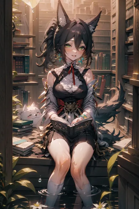 ((masterpiece,best quality)), best quality,  official wallpaper, colorful picture,  looking at viewer, water drop, ((library)), extremely detailed CG unity 8k wallpaper, fantasy,
 1 girl, solo, sitting, soaking feet, smile,  (reading book), open mouth, 
 portrait,  plant, lily flower,  leaf, official, brown hair, animal ears, ponytail, hair ornament, green clear eyes, red eyeshadow, jewelry, detached sleeves, medium breasts, dress, tail, bracelet,
<lora:StarRail_Tingyun_AP_v2:1.2>,  <lora:add_detail:0.5>, <lora:kahuka-pynoise:1>, <lora:ç¼çå:0.5>