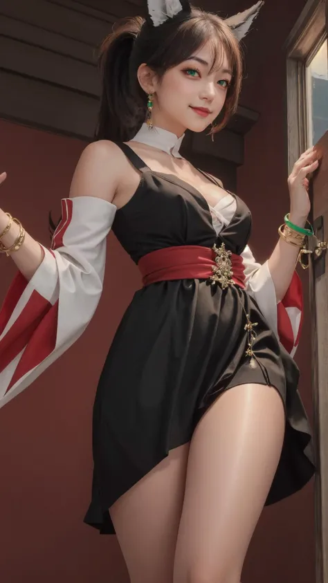 masterpiece, best quality,highres, <lora:StarRail_Tingyun_AP_v1:0.7>,1girl, solo, official, brown hair, animal ears, ponytail, hair ornament, green eyes, red eyeshadow, jewelry, detached sleeves, medium breasts, dress, tail, bracelet, naughty face, blush,light smile, closed mouth, looking at viewer, thick, thick thighs, horny ayes, naughty eyes, from below,red theme background,