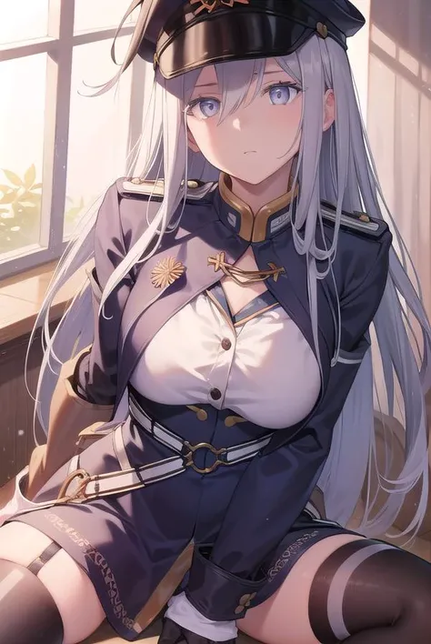 vladilenamilize, <lora:vladilenamilizetest:1>,
vladilena milize, (grey eyes:1.5),  grey hair, hair between eyes, long hair, ahoge,
BREAK blue headwear, blue jacket, blue skirt, hat, jacket, military, military hat, military uniform, peaked cap, shirt, skirt,  thighhighs, uniform, white shirt,  white thighhighs,
BREAK looking at viewer,
BREAK indoors, classroom,
BREAK <lora:GoodHands-vanilla:1>, (masterpiece:1.2), best quality, high resolution, unity 8k wallpaper, (illustration:0.8), (beautiful detailed eyes:1.6), extremely detailed face, perfect lighting, extremely detailed CG, (perfect hands, perfect anatomy),