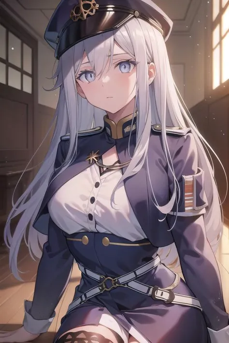 vladilenamilize, <lora:vladilenamilizetest:1>,
vladilena milize, (grey eyes:1.5), grey hair, hair between eyes, long hair, ahoge,
BREAK blue headwear, blue jacket, blue skirt, hat, jacket, military, military hat, military uniform, peaked cap, shirt, skirt, thighhighs, uniform, white shirt, white thighhighs,
BREAK looking at viewer,
BREAK indoors, classroom,
BREAK <lora:GoodHands-vanilla:1>, (masterpiece:1.2), best quality, high resolution, unity 8k wallpaper, (illustration:0.8), (beautiful detailed eyes:1.6), extremely detailed face, perfect lighting, extremely detailed CG, (perfect hands, perfect anatomy),