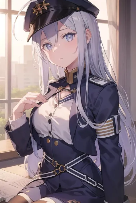 vladilenamilize, <lora:vladilenamilizetest:1>,
vladilena milize, (grey eyes:1.5), grey hair, hair between eyes, long hair, ahoge,
BREAK blue headwear, blue jacket, blue skirt, hat, jacket, military, military hat, military uniform, peaked cap, shirt, skirt, thighhighs, uniform, white shirt, white thighhighs,
BREAK looking at viewer,
BREAK indoors, classroom,
BREAK <lora:GoodHands-vanilla:1>, (masterpiece:1.2), best quality, high resolution, unity 8k wallpaper, (illustration:0.8), (beautiful detailed eyes:1.6), extremely detailed face, perfect lighting, extremely detailed CG, (perfect hands, perfect anatomy),