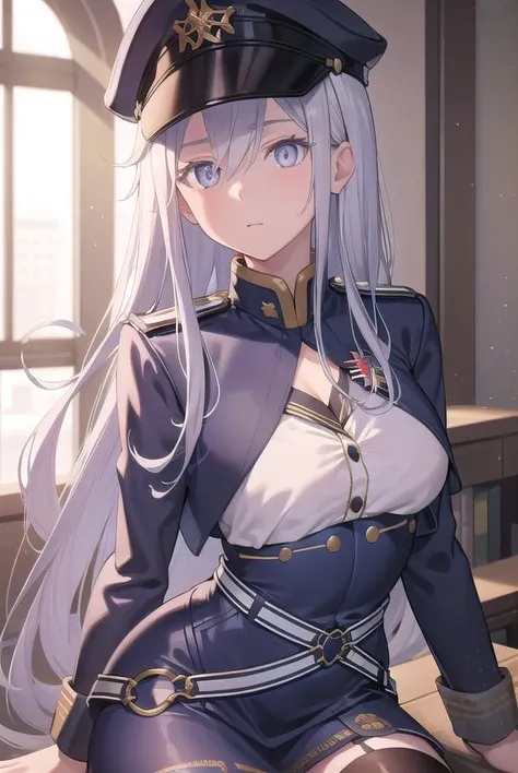 vladilenamilize, <lora:vladilenamilizetest:1>,
vladilena milize, (grey eyes:1.5), grey hair, hair between eyes, long hair, ahoge,
BREAK blue headwear, blue jacket, blue skirt, hat, jacket, military, military hat, military uniform, peaked cap, shirt, skirt, thighhighs, uniform, white shirt, white thighhighs,
BREAK looking at viewer,
BREAK indoors, classroom,
BREAK <lora:GoodHands-vanilla:1>, (masterpiece:1.2), best quality, high resolution, unity 8k wallpaper, (illustration:0.8), (beautiful detailed eyes:1.6), extremely detailed face, perfect lighting, extremely detailed CG, (perfect hands, perfect anatomy),