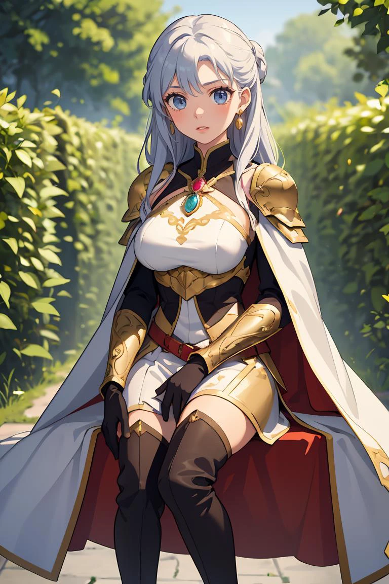 (masterpiece, best quality), 1girl, <lora:selphina-fe-richy-v1:0.8> selphina, earrings, shoulder armor, gloves, long sleeves, breast plate, brooch, white cape, thigh boots