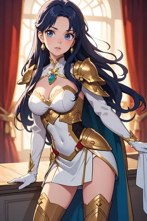 (masterpiece, best quality), 1girl, <lora:selphina-fe-richy-v1:0.8> selphina, earrings, shoulder armor, gloves, long sleeves, breast plate, brooch, white cape, thigh boots