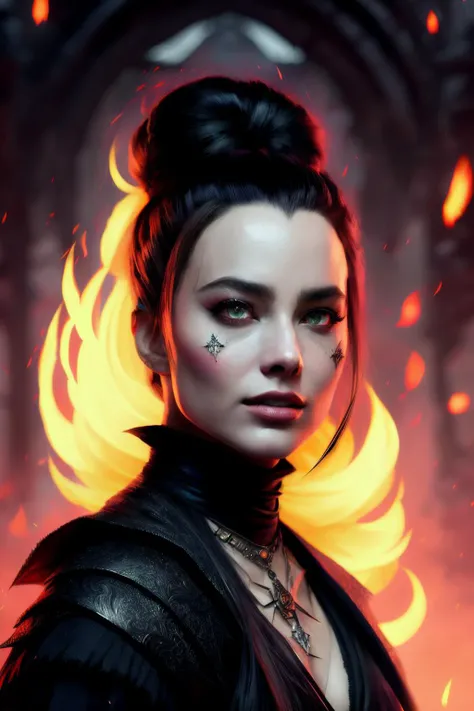 photo of mrmj as a witch, (black witch outfit), evil smile, pointing at person, fall season background, fine-face, realistic shaded perfect face, fine details. Realistic shaded lighting poster by Ilya Kuvshinov katsuhiro, magali villeneuve, artgerm, Jeremy Lipkin and Michael Garmash, Rob Rey and Kentar Miura style, trendin