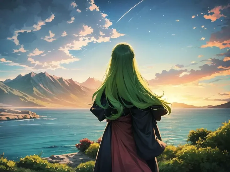 Ambrosia, Beautiful, HDR, Volumetric lighting, gust of wind, Cute Anime Woman, 1girl, solo, pastel goth, outdoor, curly green hair, druidic, healer magic, final fantasy, hood, will-o'-the-wisp \(mythology\), stars, ocean, mountains, clouds, forests,