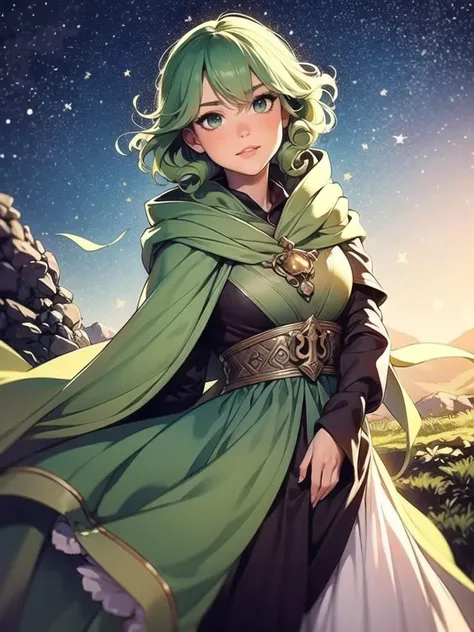 Ambrosia, Beautiful, HDR, Volumetric lighting, gust of wind, Cute Anime Woman, 1girl, solo, pastel goth, outdoor, curly green hair, druidic, healer magic, final fantasy, hood, will-o'-the-wisp \(mythology\), stars,