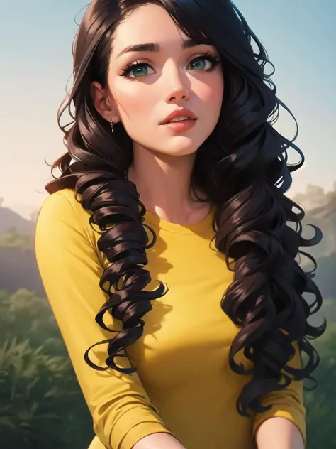 Masterpiece Portrait, Hdr, volumetric lighting, Beautiful Woman, solo, long curly hair, shirt, black hair, holding, green eyes, yellow shirt, outdoors