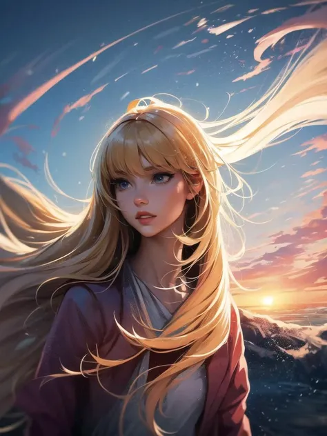 Ambrosia, Beautiful, HDR, Volumetric lighting, gust of wind, Cute Anime Woman, android, blonde hair, telekinetic, portrait,