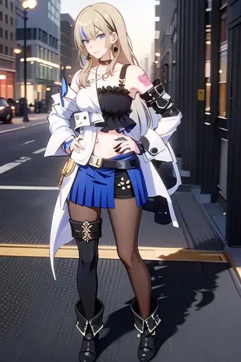 {best quality}, {{masterpiece}}, {highres}, original, extremely detailed 8K wallpaper, 1girl, {an extremely delicate and beautiful}, <lora:Serval-000016:0.7>,{{full body}}, looking at viewer, multicolored hair, long hair,white blue jacket,black pantyhose, blue dress, earrings, jewelry, multicolored_hair, solo, blue_eyes, cross_earrings, streaked_hair, looking_at_viewer, detached_sleeves, skirt, navel,thighhighs,choker,streaked_hair,bare_shoulders,gradient_hair, tattoo, midriff,black fingerless_gloves,outdoors, street,city
