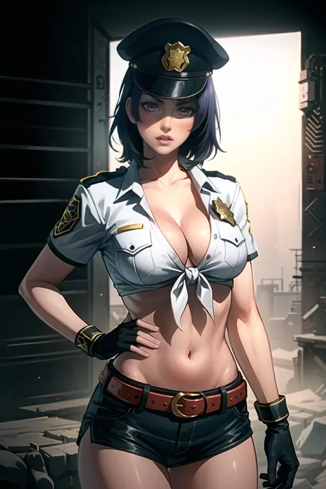 <lora:DOA5LR Ayane Police Costume :1>, DOA, Ayane, (cowboy shot:1.0), (black police peaked cap:1.2), Police, cleavage, Midriffs, white shirt, front-tie top, (red eyes:1.2), (short purple hair:1.0), Black High-waist shorts, (red belt:1.2), black fingerless gloves, black boots, sexy pose, (masterpiece:1.4), photorealistic, best quality, beautiful lighting, real life, natural makeup, ultra detailed face, ultra detailed eyes, intricate, high detail, sharp focus, dramatic, beautiful girl, (RAW photo, 8k uhd, film grain), caustics, subsurface scattering, reflections,