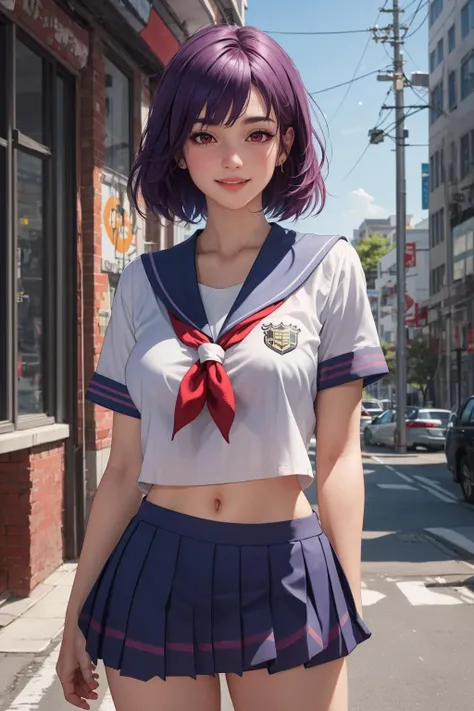 ((masterpiece)), (best quality), official art, extremely detailed CG, unity 8k wallpaper, ultra detailed, detailed background, vivid color, photorealistic, 
doa, ayane, red eyes, short purple hair, large breasts, school uniform, (serafuku:1.3),
standing, smile,
upper body,
from front,
city,
<lora:DOA5LR Ayane Police Costume :0.9>
