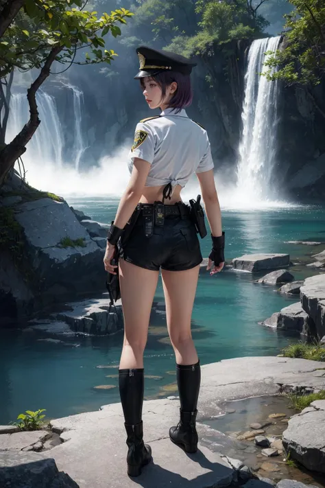 ((masterpiece)), (best quality), official art, extremely detailed CG, unity 8k wallpaper, ultra detailed, detailed background, vivid color, photorealistic, 
doa, ayane, red eyes, short purple hair, black police peaked cap, police, small breasts, cleavage, midriffs, white shirt, front-tie top, black high-waist shorts, belt, black boots, highleg,
Pretending to pull an invisible rope,
full body,
from behind,
fading waterfall, dwindling flow, eroded rocks, vanishing natural beauty,
<lora:DOA5LR Ayane Police Costume :0.9>