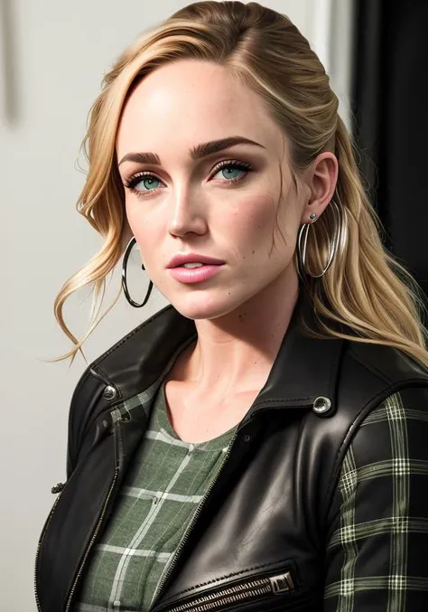 photo of (SarahLance:0.99) Wearing a green plaid shirt with a black leather jacket and silver hoop earrings., high detail, high quality , highly detailed skin, realistic face, (grey eyes:1.1), leica 50mm