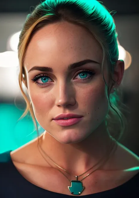 photo of (SarahLance:0.99) wearing a (dark navy shirt:1.1), with a necklace, with (cyan screens in the background:1.1), high detail, high quality , highly detailed skin, realistic face, (grey eyes:1.1), leica 50mm