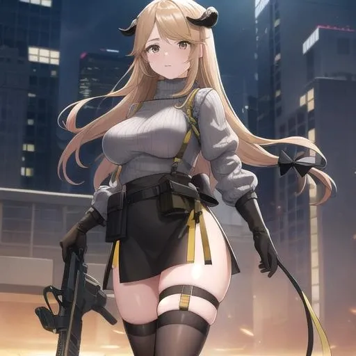 ((masterpiece)),(best quality),official art,extremely detailed CG,unity 8k wallpaper,ultra detailed,1girl,solo,cowboy shot,meteorite (arknights),aran sweater,bangs,black footwear,black gloves,black thighhighs,black skirt,brown eyes,elbow gloves,floating hair,grey sweater,hair bow,high-waist skirt,high heels,horns,large breasts,light brown hair,long hair,long sleeves,looking at viewer,low-tied long hair,pouch,sidelocks,skindentation,swept bangs,thigh strap,turtleneck sweater,very long hair,zettai ryouiki,<lora:Meteorite(ark)>,