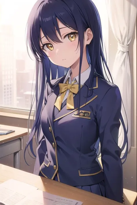 umisonoda, <lyco:umisonoda-lyco-nochekaiser:1>,
umi sonoda, long hair, blue hair, (yellow eyes:1.5), (flat chest:1.2),
BREAK blazer, blue skirt, jacket, otonokizaka school uniform, pleated skirt, school uniform, winter uniform,
BREAK looking at viewer,
BREAK indoors, classroom,
BREAK <lyco:GoodHands-beta2:1>, (masterpiece:1.2), best quality, high resolution, unity 8k wallpaper, (illustration:0.8), (beautiful detailed eyes:1.6), extremely detailed face, perfect lighting, extremely detailed CG, (perfect hands, perfect anatomy),