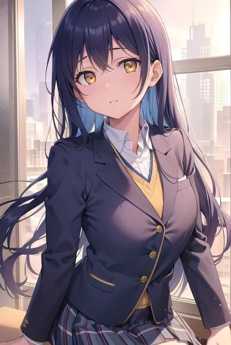 umisonoda, <lyco:umisonoda-lyco-nochekaiser:1>,
umi sonoda, long hair, blue hair, (yellow eyes:1.5), (flat chest:1.2),
BREAK blazer, blue skirt, jacket, otonokizaka school uniform, pleated skirt, school uniform, winter uniform,
BREAK looking at viewer,
BREAK indoors, classroom,
BREAK <lyco:GoodHands-beta2:1>, (masterpiece:1.2), best quality, high resolution, unity 8k wallpaper, (illustration:0.8), (beautiful detailed eyes:1.6), extremely detailed face, perfect lighting, extremely detailed CG, (perfect hands, perfect anatomy),