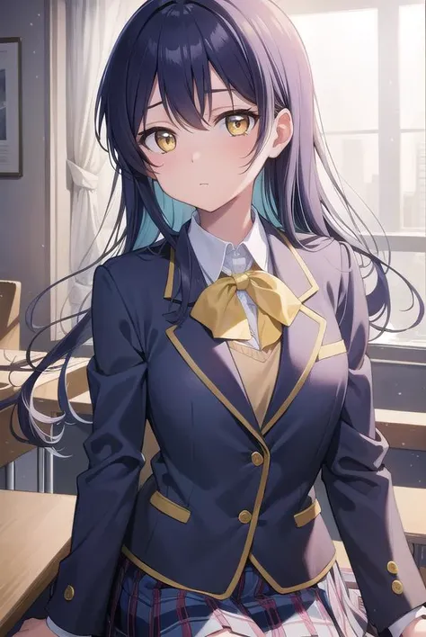 umisonoda, <lyco:umisonoda-lyco-nochekaiser:1>, 
umi sonoda, long hair, blue hair, (yellow eyes:1.5), (flat chest:1.2),
BREAK blazer, blue skirt, jacket, otonokizaka school uniform, pleated skirt, school uniform, winter uniform,
BREAK looking at viewer,
BREAK indoors, classroom, 
BREAK <lyco:GoodHands-beta2:1>, (masterpiece:1.2), best quality, high resolution, unity 8k wallpaper, (illustration:0.8), (beautiful detailed eyes:1.6), extremely detailed face, perfect lighting, extremely detailed CG, (perfect hands, perfect anatomy),
