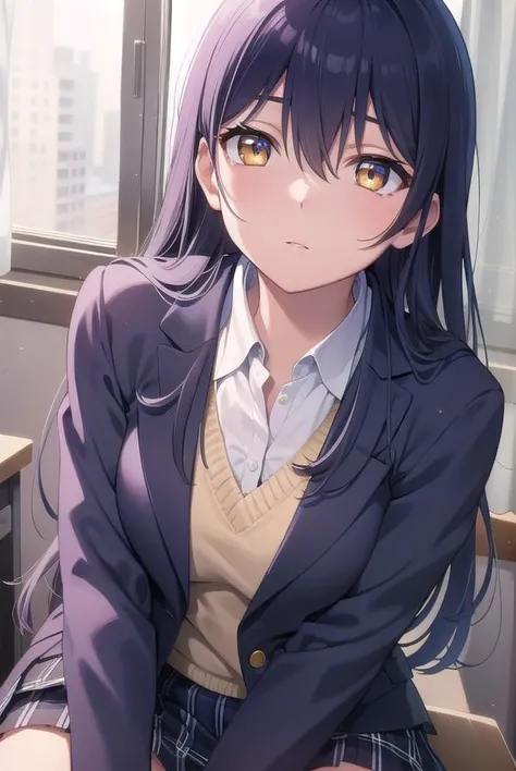 umisonoda, <lyco:umisonoda-lyco-nochekaiser:1>,
umi sonoda, long hair, blue hair, (yellow eyes:1.5), (flat chest:1.2),
BREAK blazer, blue skirt, jacket, otonokizaka school uniform, pleated skirt, school uniform, winter uniform,
BREAK looking at viewer,
BREAK indoors, classroom,
BREAK <lyco:GoodHands-beta2:1>, (masterpiece:1.2), best quality, high resolution, unity 8k wallpaper, (illustration:0.8), (beautiful detailed eyes:1.6), extremely detailed face, perfect lighting, extremely detailed CG, (perfect hands, perfect anatomy),