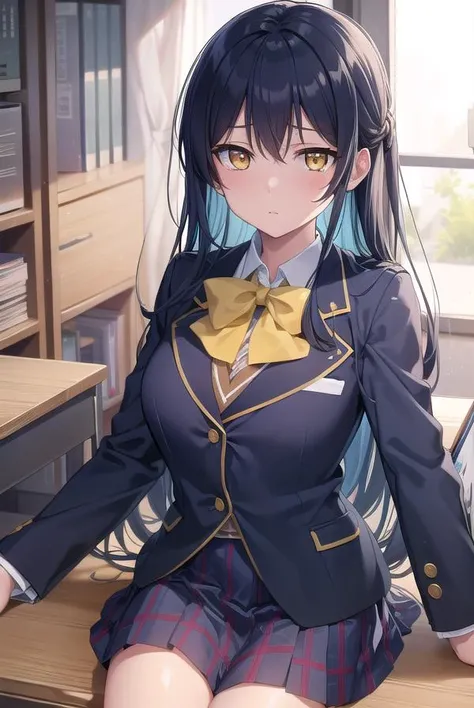 umisonoda, <lyco:umisonoda-lyco-nochekaiser:1>,
umi sonoda, long hair, blue hair, (yellow eyes:1.5), (flat chest:1.2),
BREAK blazer, blue skirt, jacket, otonokizaka school uniform, pleated skirt, school uniform, winter uniform,
BREAK looking at viewer,
BREAK indoors, classroom,
BREAK <lyco:GoodHands-beta2:1>, (masterpiece:1.2), best quality, high resolution, unity 8k wallpaper, (illustration:0.8), (beautiful detailed eyes:1.6), extremely detailed face, perfect lighting, extremely detailed CG, (perfect hands, perfect anatomy),