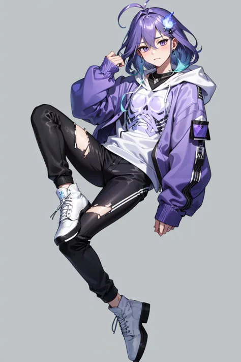 a boy <lora:KitsuneAi-Rio-LoCon32-V1:0.8>
white footwear, full body, boots, torn clothes, black shirt, black pants, purple eyes, torn pants, hood, jacket, sleeves past wrists, hair ornament, long sleeves, skeleton print, antenna hair, socks, puffy long sleeves, shoes, jewelry, flower, fanny pack, hitodama, hooded jacket, earrings, cross-laced footwear