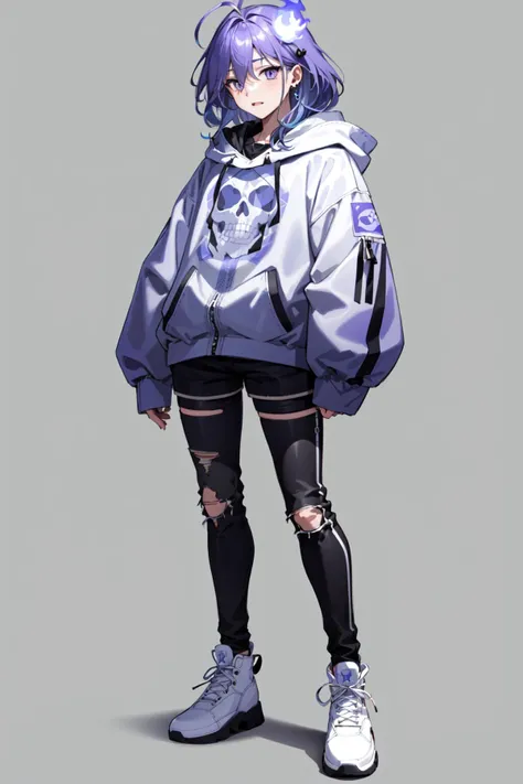 1boy standing <lora:KitsuneAi-Rio-LoCon32-V1:0.8>
white footwear, full body, boots, torn clothes, black shirt, black pants, purple eyes, torn pants, hood, jacket, sleeves past wrists, hair ornament, long sleeves, skeleton print, antenna hair, socks, puffy long sleeves, shoes, jewelry, flower, fanny pack, hitodama, hooded jacket, earrings, cross-laced footwear, ((simple background black blackground))