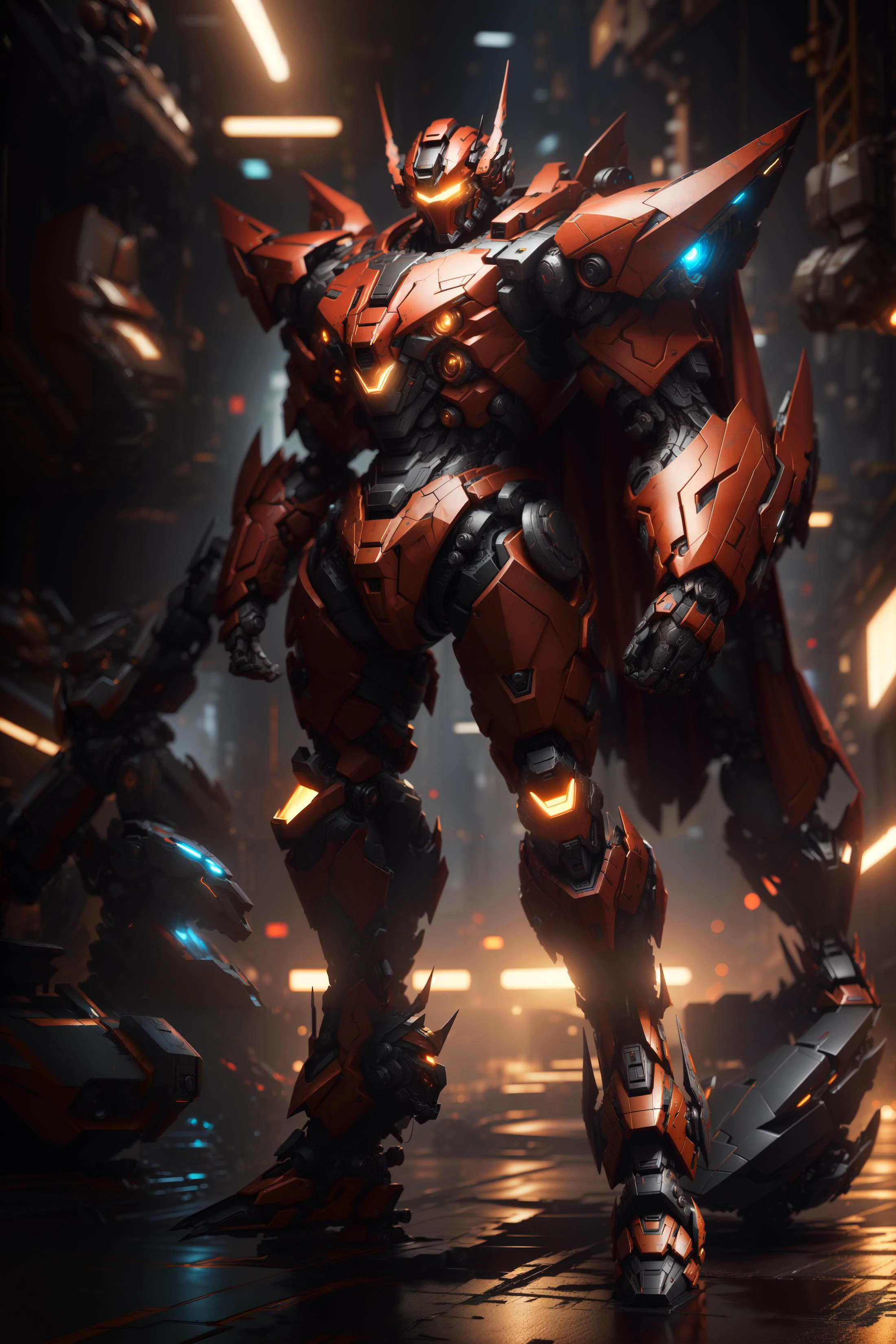 (full body), (dynamic pose) <the subject is a hard surface samurai robot, designed in an advanced hard surface industrial facility, extended tall frame built like a realistic transformer, with carbon fiber metallic details, red and black main armor shell has subdivisions, thick carbon fiber cape, armored ornaments and artillery>, <the scene is based in an industrial city, with large construction and gear in the background>, (rim lighting, studio lighting, moody lighting, night), (cinematic, best quality, masterpiece, highly detailed, hyper realistic, intricate detail, 8k, photorealistic, concept art, matte painting, autodesk maya, vray render, ray tracing), (dslr, full frame, 16mm focal length, f/8 aperture, dynamic perspective, dynamic angle, golden ratio, wide photography, wide field of view, deep depth of field, zoom out) <lora:mecha:0.1> red and black mecha, flathead design <hypernet:dr0ne:0.3> hard surface helmet, cyborg face, advanced tech artillary <lora:mechaMjstyle:0.3> mecha \(mjstyle\) <lora:A-MechaMusume-REN:0.25> mechanical parts, robot joints, headgear