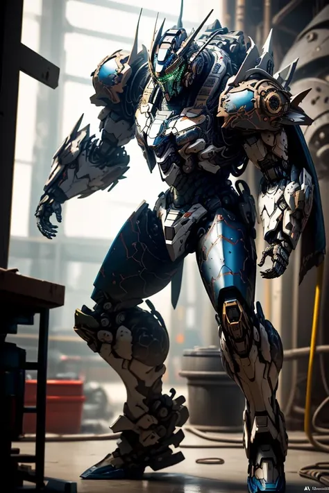 (full body), (dynamic pose) <the subject is a hard surface samurai robot, designed in an advanced hard surface industrial facility, extended tall frame built like a realistic transformer, with carbon fiber metallic details, red and black main armor shell has subdivisions, thick carbon fiber cape, armored ornaments and artillery>, <the scene is based in an industrial city, with large construction and gear in the background>, (rim lighting, studio lighting, moody lighting, night), (cinematic, best quality, masterpiece, highly detailed, hyper realistic, intricate detail, 8k, photorealistic, concept art, matte painting, autodesk maya, vray render, ray tracing), (dslr, full frame, 16mm focal length, f/8 aperture, dynamic perspective, dynamic angle, golden ratio, wide photography, wide field of view, deep depth of field, zoom out) <lora:mecha:0.1> red and black mecha, flathead design hard surface helmet, cyborg face, advanced tech artillary mecha \(mjstyle\) mechanical parts, robot joints, headgear <lora:qinghuaci3:0.6>