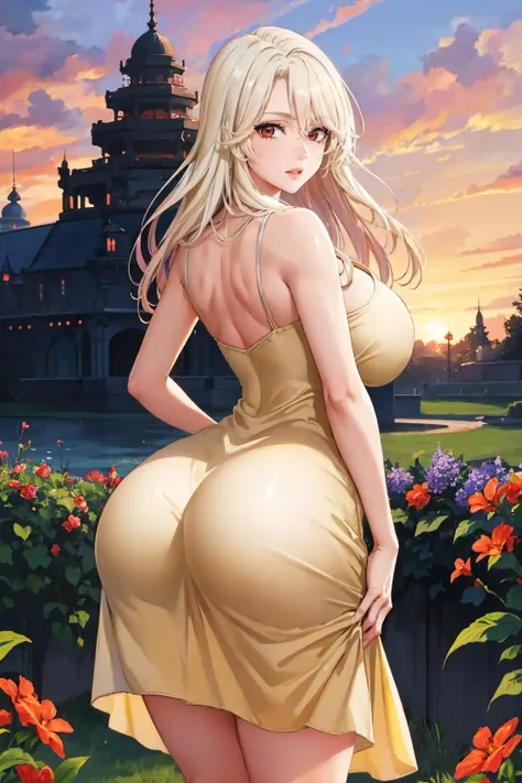 masterpiece, best quality,   <lora:sdslillia-nvwls-v1-000009:0.9> sdslillia, red eyes, hair over eyes, huge breasts, from behind, (yellow sundress:1.4), garden, red sky, ass