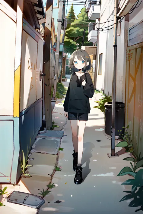 masterpiece, best quality, <lora:keke:1> <lora:epiNoiseoffset_v3:1> <lora:add_detail:0> <lora:GoodHands-vanilla:1>, symbol-shaped pupils, colorful, flat color, (1girl), (solo), looking at viewer, facing viewer, full body, landscape, casual,   <lora:montreal_alleys:1>, trees, lilac, graffiti, alley,