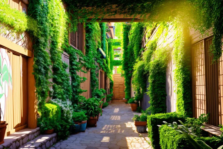 <lora:montreal_alleys:1> , illustration digital painting of an alley with private gardens, little italia, southofthebordersd15 , golden hour, golden light, High Detail, Sharp focus,  best quality, 8k, award winning, epic, cinematic, masterpiece,