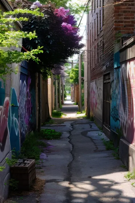 trees,lilac,<lora:montreal_alleys>,<lora:more_details:0.4>,<lora:LowRA:0.4>,alley,[graffiti],golden hour,directional light,