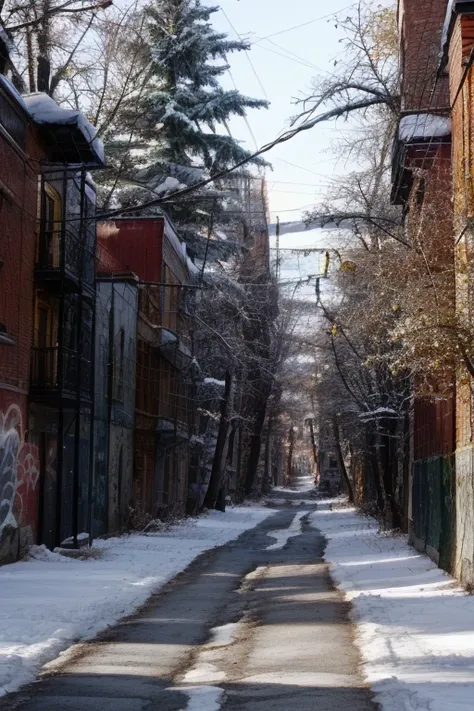 trees,alley,[graffiti],golden hour,electrical wires,(strong shadows:0.8),directional lighting,<lora:montreal_alleys:0.9>,<lora:more_details:0.4>,<lora:LowRA:0.4>,<lora:epi_noiseoffset2:0.5>,<lora:ClothingAdjuster2:-0.95>,brown leather clothing,winter,snow,