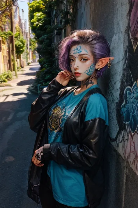 portrait,hips up,hand in hair,trees,lilac,alley,[graffiti],golden hour,electrical wires,(elf),teal hair,short hair,((shaved hair)),punk girl,((tribal tattoos)),((nose and ear piercings)),(strong shadows:0.8),directional lighting,<lora:montreal_alleys:0.9>,<lora:more_details:0.4>,<lora:LowRA:0.4>,<lora:epi_noiseoffset2:0.5>,<lora:ClothingAdjuster2:-0.95>,brown leather clothing,