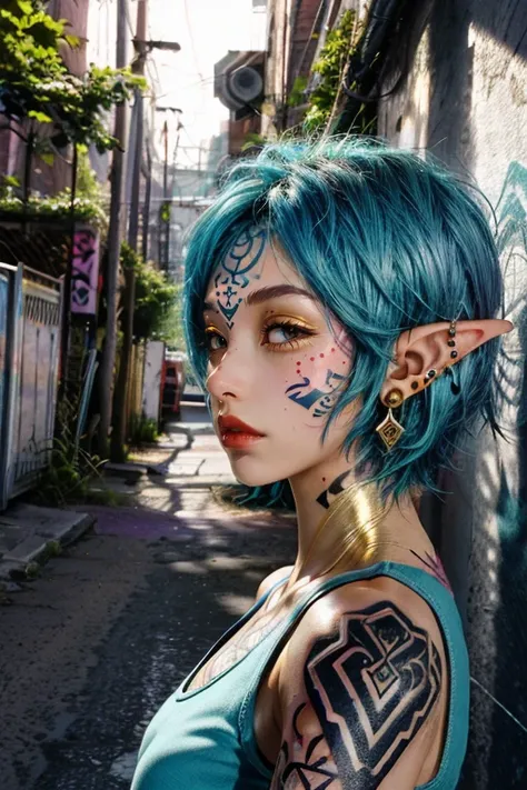 trees,lilac,alley,[graffiti],golden hour,electrical wires,(elf),teal hair,short hair,((shaved hair)),punk girl,((tribal tattoos)),((nose and ear piercings)),(strong shadows:0.8),directional lighting,<lora:montreal_alleys:0.9>,<lora:more_details:0.5>,<lora:LowRA:0.4>,<lora:epi_noiseoffset2:0.5>,