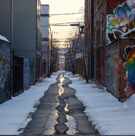 winter,snow,alley,[graffiti],golden hour,electrical wires,(strong shadows:0.8),directional lighting,<lora:montreal_alleys:0.9>,<lora:more_details:0.4>,<lora:LowRA:0.4>,<lora:epi_noiseoffset2:0.5>,<lora:ClothingAdjuster2:-0.95>,brown leather clothing,
