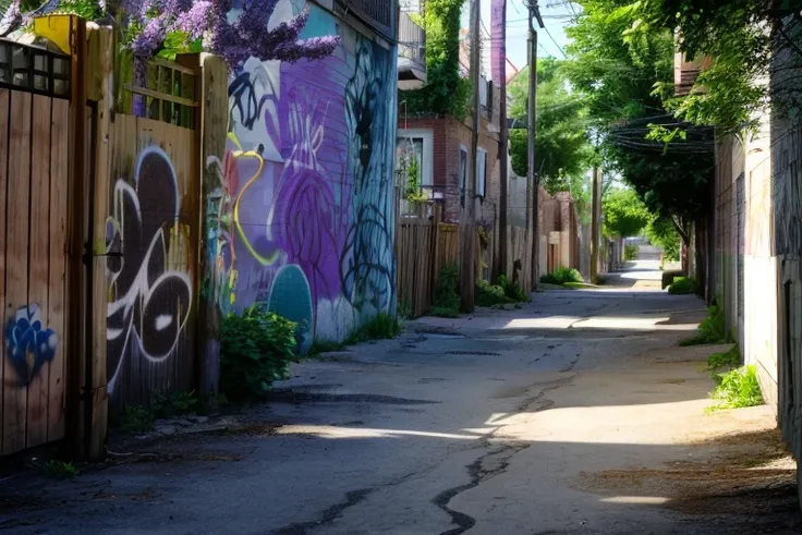 trees,lilac,<lora:montreal_alleys>,<lora:more_details:0.4>,<lora:LowRA:0.4>,alley,[graffiti],golden hour,directional light,
