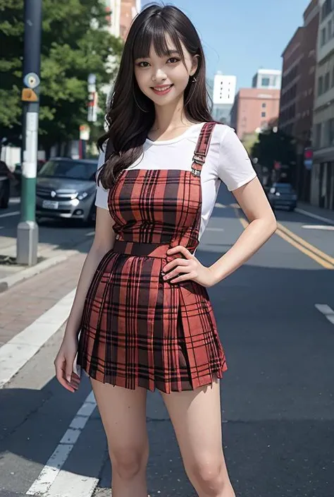 (RAW photo:1.2), (photorealistic:1.4),(masterpiece:1.3),(best quality:1.4),ultra high res,(detailed eyes),(detailed facial features),(detailed clothes features),HDR,8k resolution, solo focus, looking at viewer, (bangs:1.1), dreamlike, (extreme detailed illustration), 1girl,cute, innocent, (smile), full body, long hair, outdoors, <lora:henLoraV6:0.7>, pinafore dress, pink plaid pleated pinafore, white t-shirt, <lora:PinaforeV1.1:0.7>