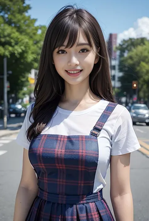 (RAW photo:1.2), (photorealistic:1.4),(masterpiece:1.3),(best quality:1.4),ultra high res,(detailed eyes),(detailed facial features),(detailed clothes features),HDR,8k resolution, solo focus, looking at viewer, (bangs:1.1), dreamlike, (extreme detailed illustration), 1girl,cute, innocent, (smile), long hair, medium breasts, outdoors, <lora:henLoraV6:0.7>, pinafore dress, blue plaid pleated pinafore, white t-shirt, <lora:PinaforeV1.1:0.7>