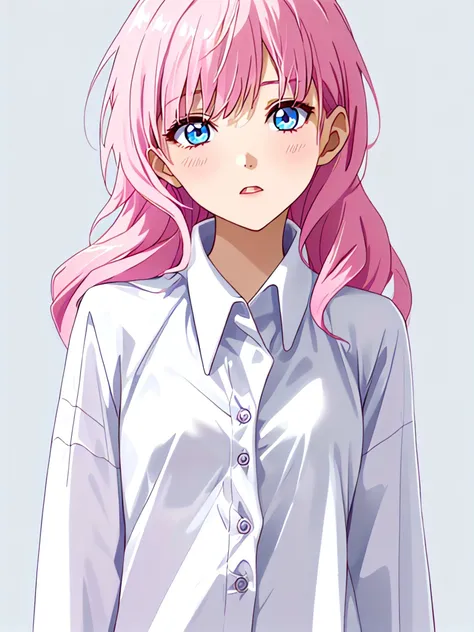 solo, 1girl, white shirt, pink hair, blue eyes, simple background, <lora:last:1.2>,