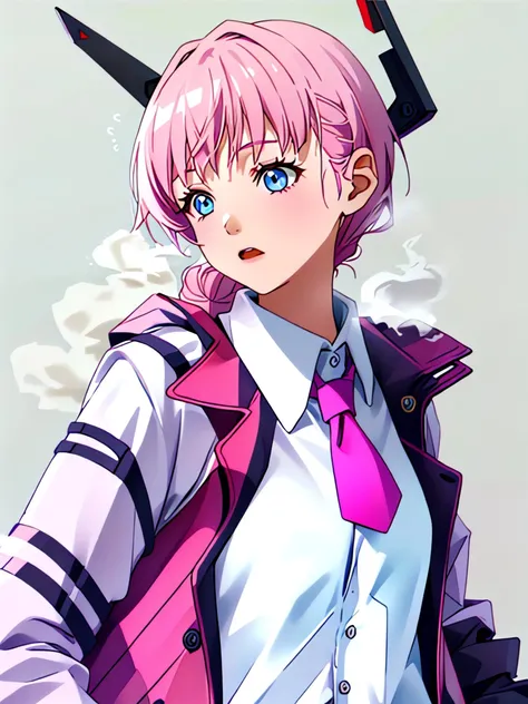 solo, 1girl, white shirt, pink hair, blue eyes, simple background, <lora:last:1.2>, red tie, military AND jacket,