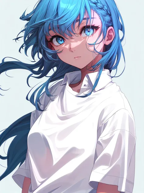 solo, 1girl, white shirt, blue hair, blue eyes, simple background,