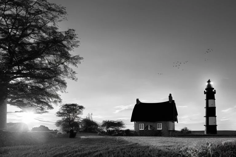 by (((phse))), Wide Angle black and white photo on Kodak T-Max film, (light house:1.2) on an island, (Log Roof:1.4),Hailing, Sunset,Kitchen Garden, italy