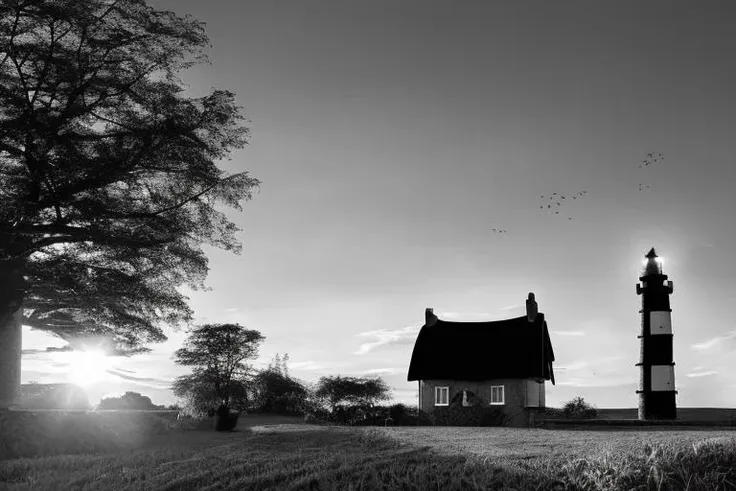 by (((phse))), Wide Angle black and white photo on  Kodak T-Max  film, (light house:1.2) on an island, (Log Roof:1.4),Hailing, Sunset,Kitchen Garden, italy