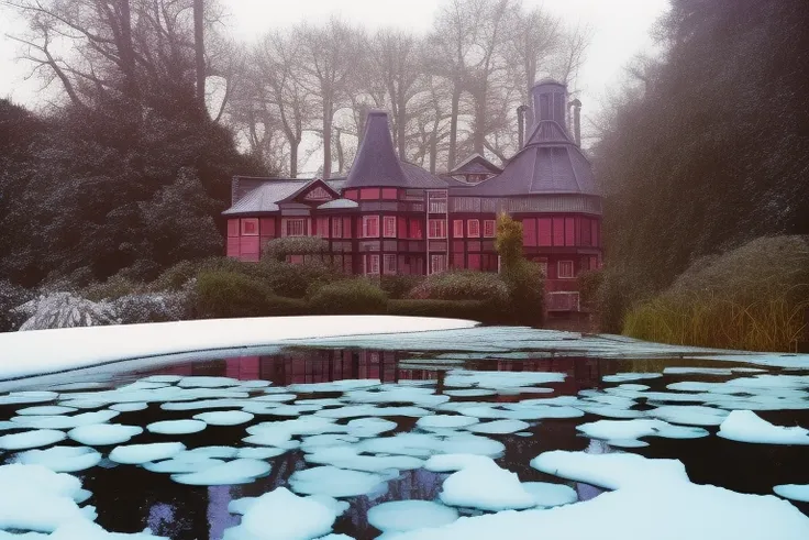 Wide Angle color photo on Kodak Ektachrome film, (Victorian House:1.2) on a pond, (Shingle Roof:1.4),(snow covered:1.4), Dawn,Water Garden, england